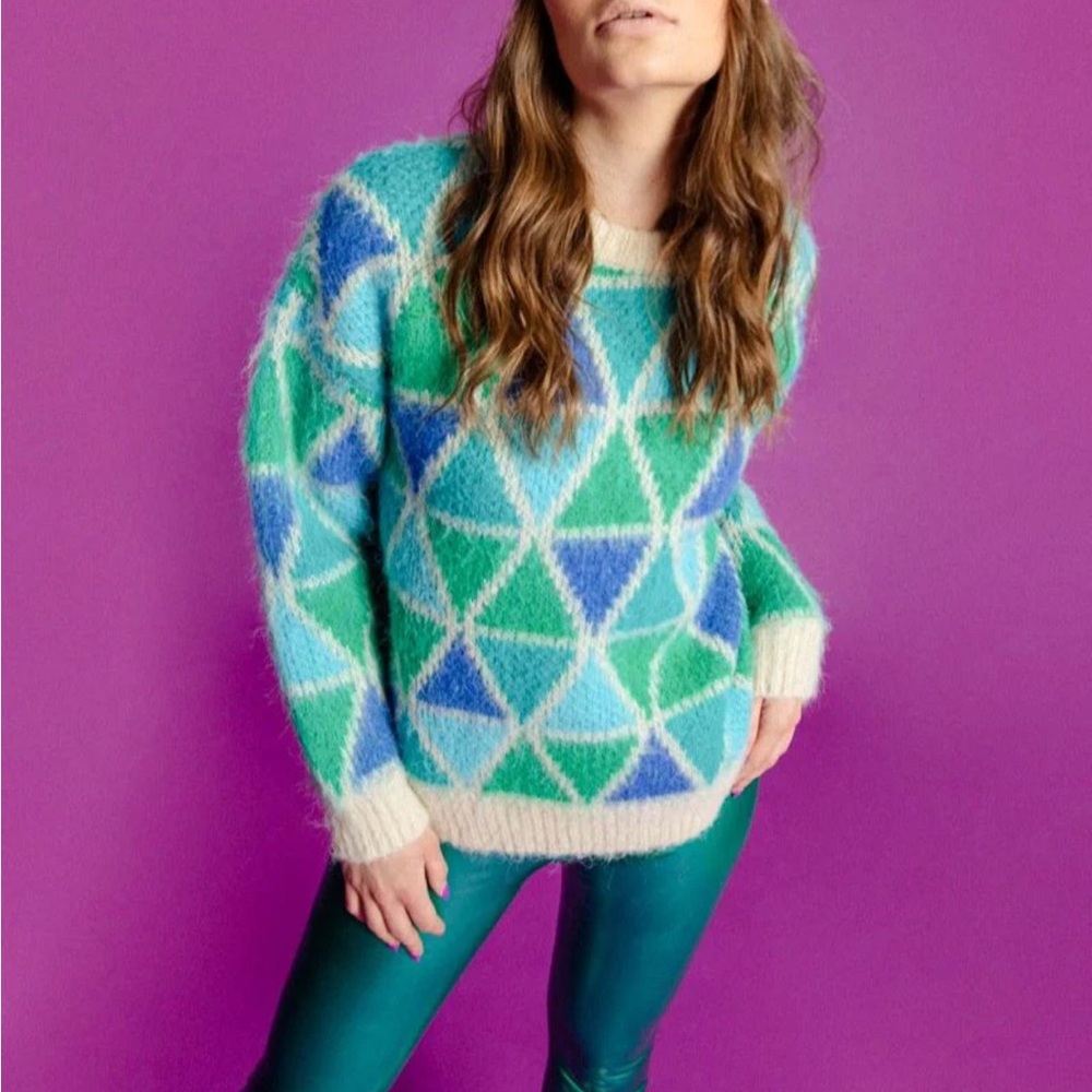 Lulu Sidonio x Anthropologie Fuzzy Sweater Retro Ski Style Geometric Knit S